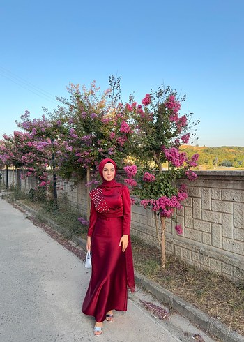36 Beden Bordo Drapeli Uzun Abiye Elbise