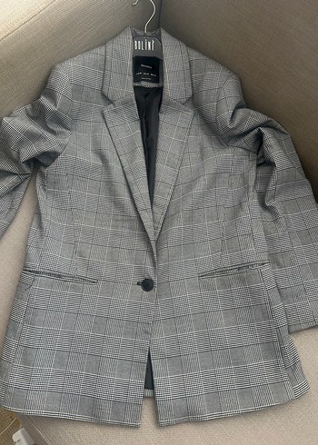 m Beden Gri Ekose Desenli Kadın Blazer Ceket