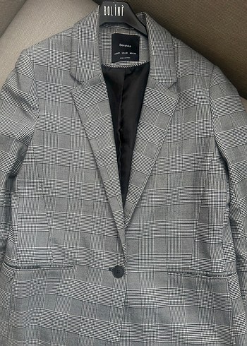Gri Ekose Desenli Kadın Blazer Ceket