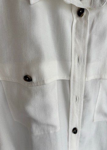 Düğmeli Beyaz Keten Kadın Gömlek - Görsel 2
