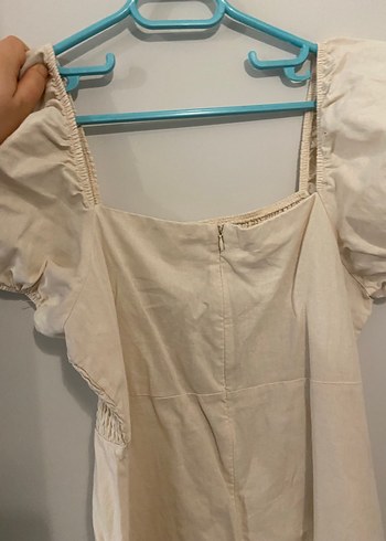 Bej  Keten Midi Elbise - Görsel 3