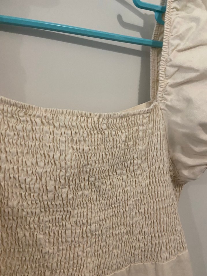 Bej  Keten Midi Elbise - Görsel 2