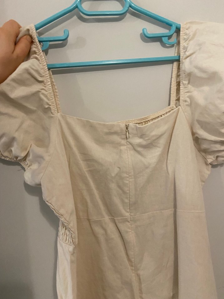 Bej  Keten Midi Elbise - Görsel 3