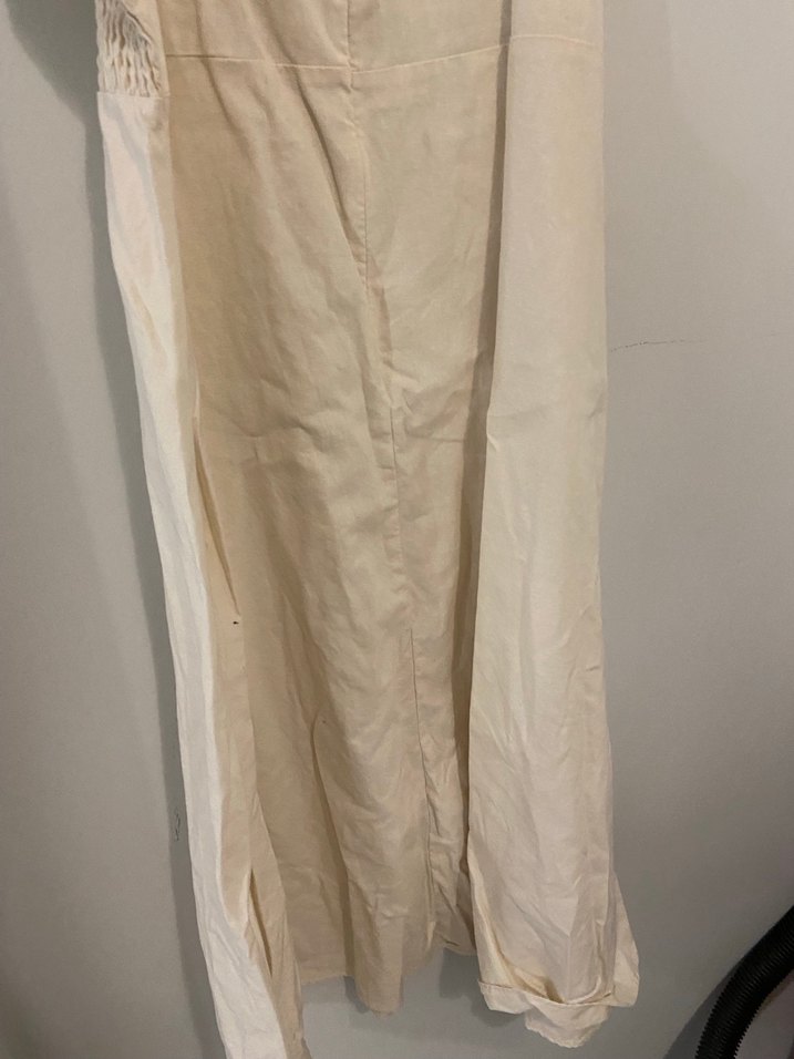 Bej  Keten Midi Elbise - Görsel 4