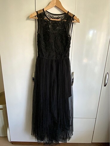 Koton Siyah uzun dantel detaylı abiye elbise (xs)