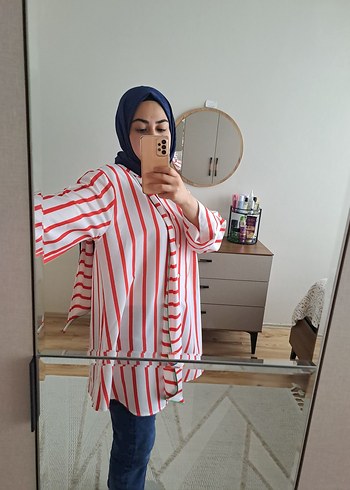36 Beden kırmızı Renk Kırmızı Çizgili Pamuklu Uzun Kollu Gömlek