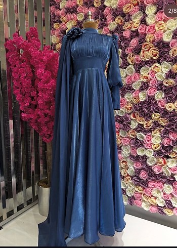 Uzun Kollu Yüksek Yakalı Mavi Abiye Elbise - Görsel 2