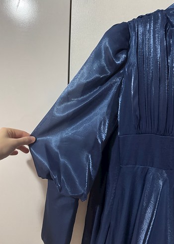 Uzun Kollu Yüksek Yakalı Mavi Abiye Elbise - Görsel 10