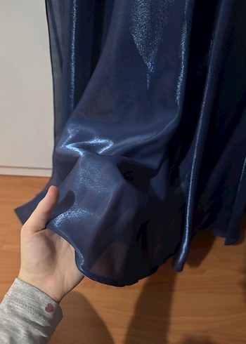 Uzun Kollu Yüksek Yakalı Mavi Abiye Elbise - Görsel 8