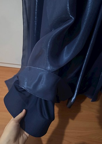 Uzun Kollu Yüksek Yakalı Mavi Abiye Elbise - Görsel 7