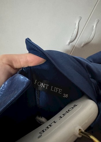 Uzun Kollu Yüksek Yakalı Mavi Abiye Elbise - Görsel 9