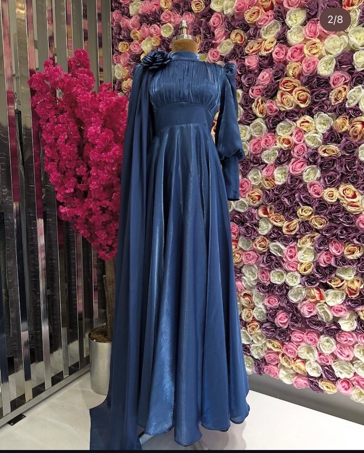 Uzun Kollu Yüksek Yakalı Mavi Abiye Elbise - Görsel 2