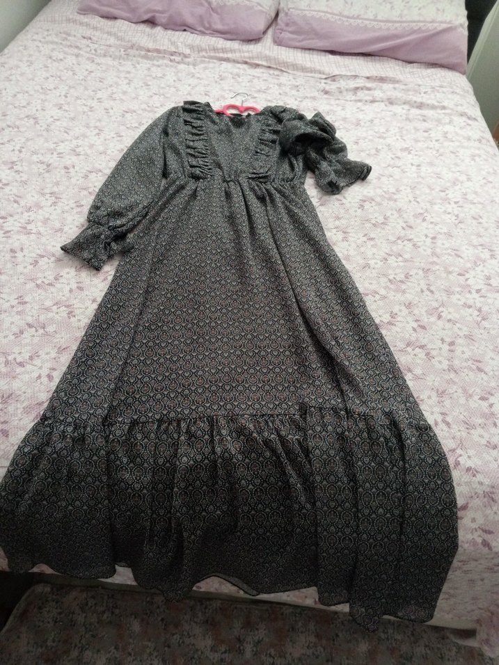 Gri Uzun Kollu şifon elbise - Görsel 2