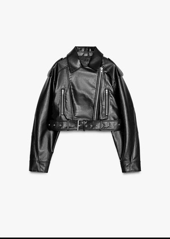 Kadın Siyah Kemerli Deri Biker Ceket