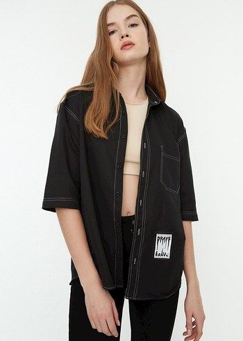 Trendyol Unisex Siyah Tarz Dikiş Detaylı Gömlek - Görsel 8