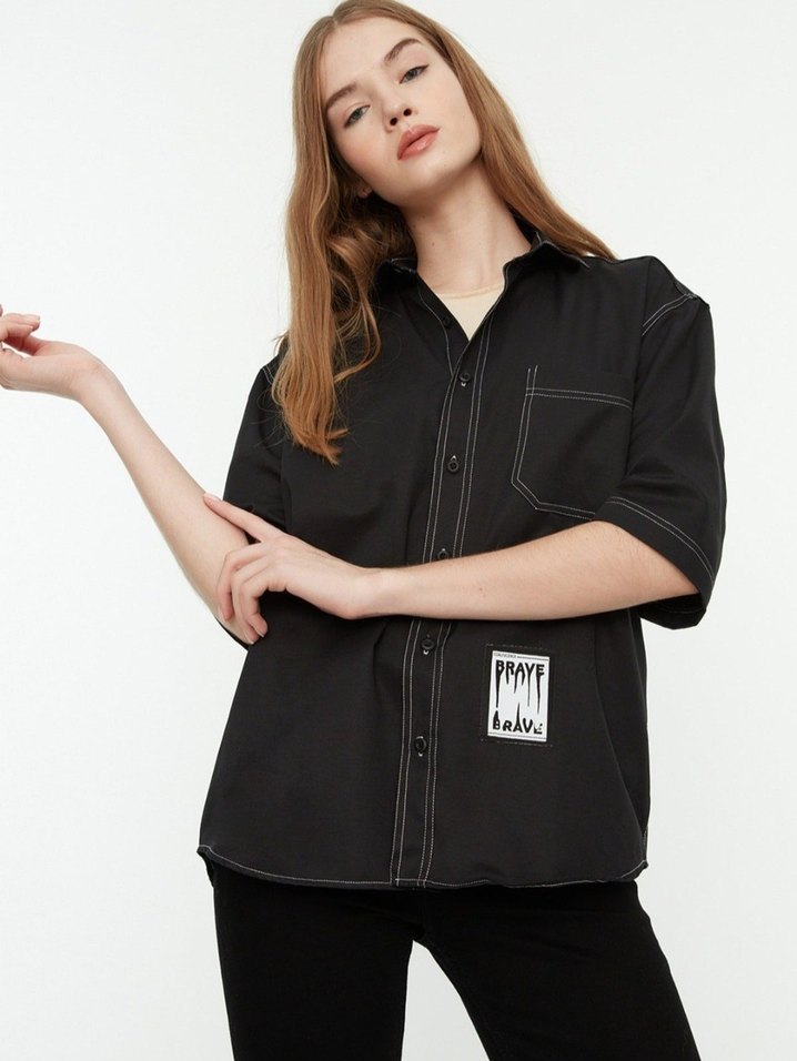 Trendyol Unisex Siyah Tarz Dikiş Detaylı Gömlek - Görsel 5
