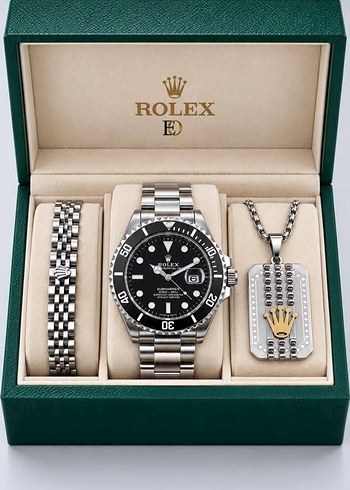 Rolex Siyah Kadranli Metal Saat Seti