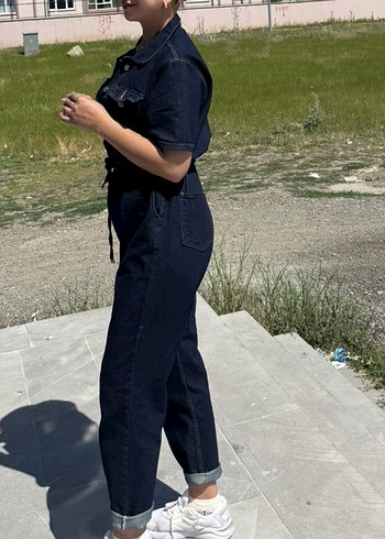 Zara Düğmeli Lacivert Denim Kadın Tulum