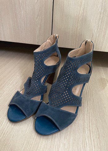 Mavi Süet Topuklu Sandalet - Görsel 4