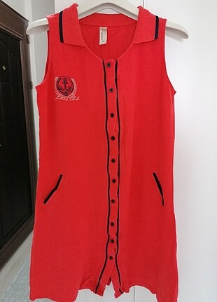 Kırmızı lacivert detaylı yazlık elbise