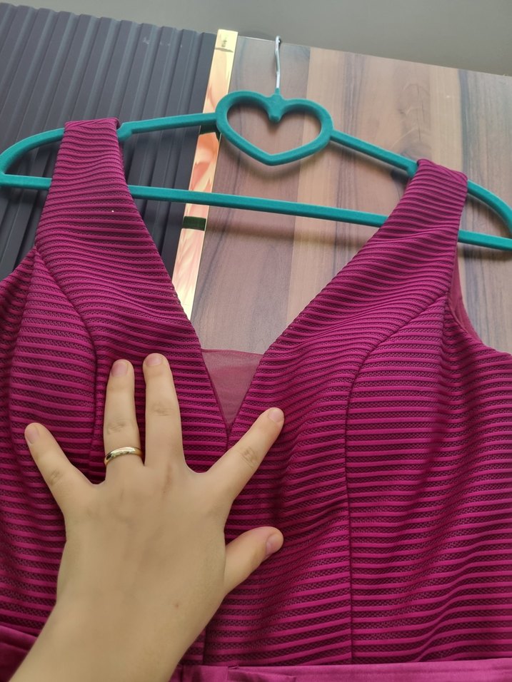 Pembe Uzun V Yaka Drapeli Abiye Elbise - Görsel 5