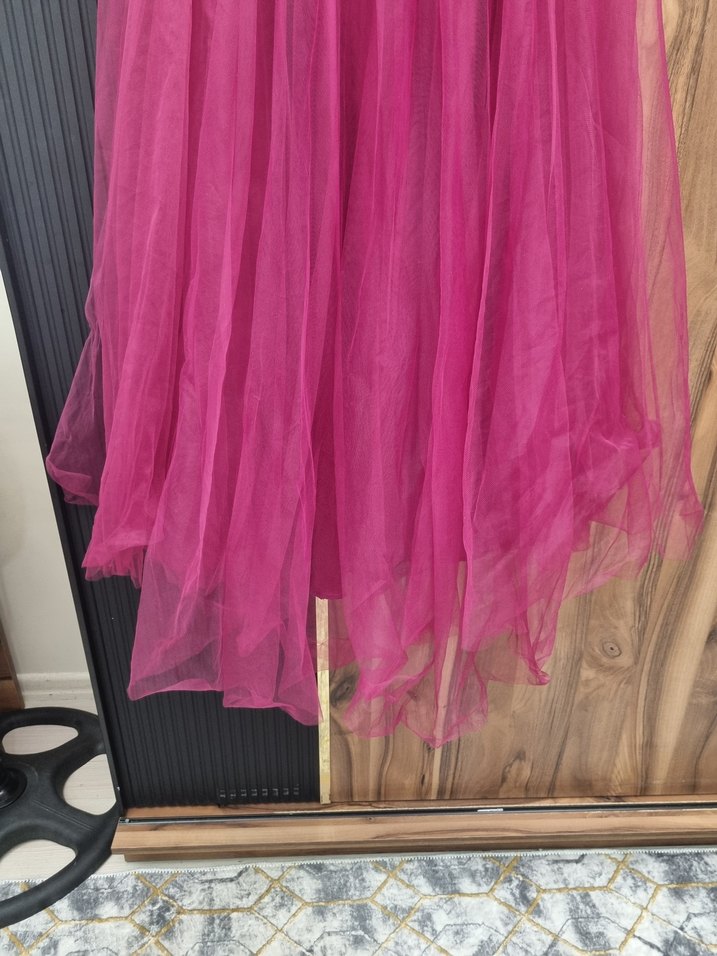 Pembe Uzun V Yaka Drapeli Abiye Elbise - Görsel 3