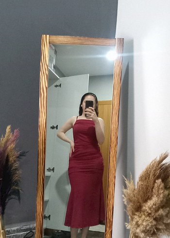 Bordo askılı Midi Elbise