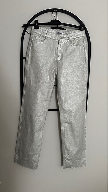 Dilvin Parlak Straight Pantolon-Gümüş jean