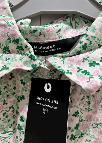 Mango Yeşil Desenli Kısa Kollu Keten Bluz - Görsel 3