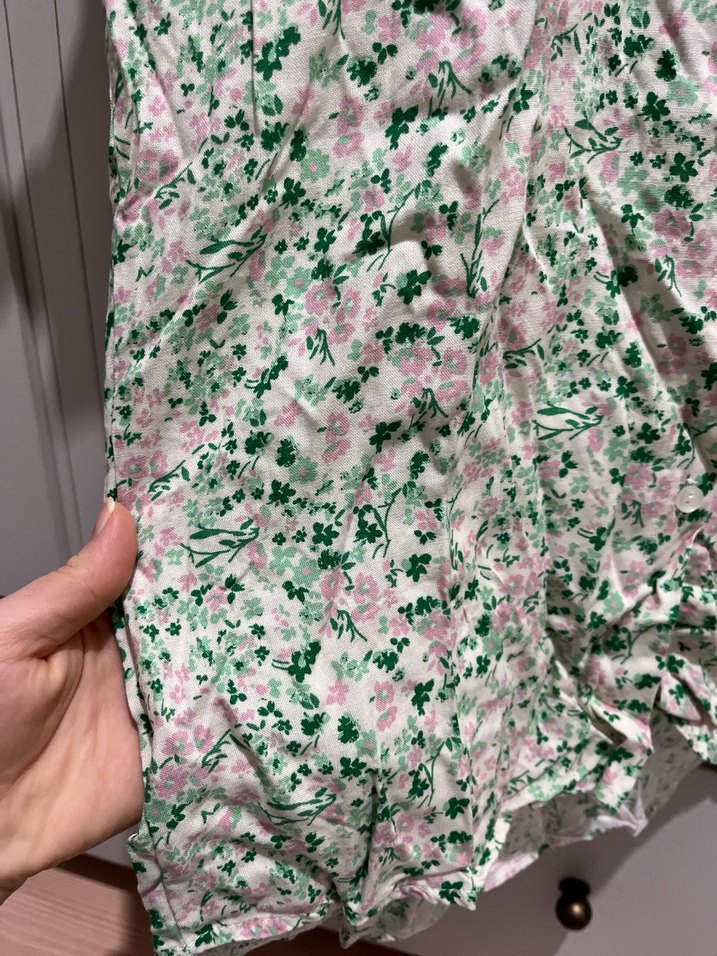 Mango Yeşil Desenli Kısa Kollu Keten Bluz - Görsel 4