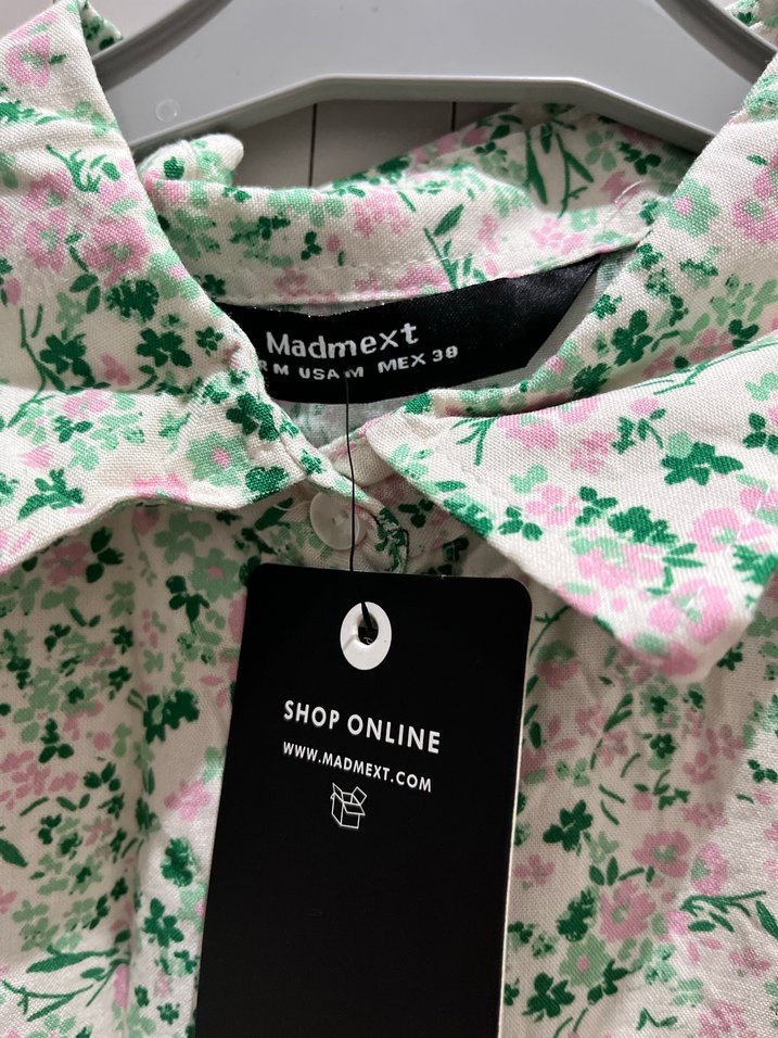 Mango Yeşil Desenli Kısa Kollu Keten Bluz - Görsel 3