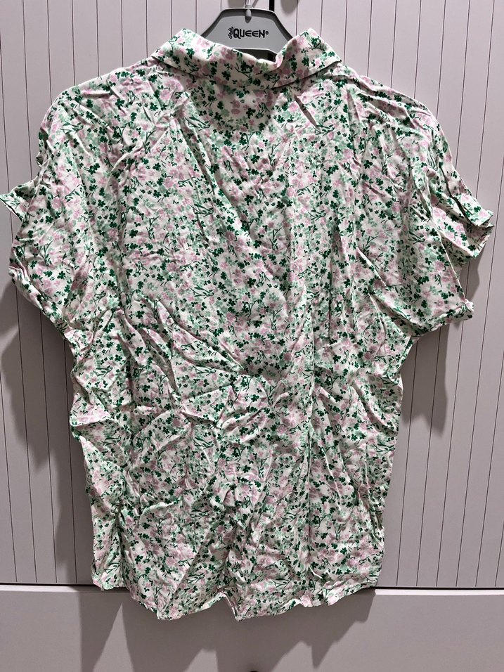 Mango Yeşil Desenli Kısa Kollu Keten Bluz - Görsel 2