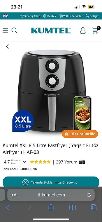 Kumtel XXL 8.5 lt Fastfryer HAF-03 yağsız fritöz Airfryer