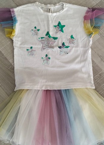 Pul işlemeli tütü etekli renkli kız cocuk takim - Görsel 2