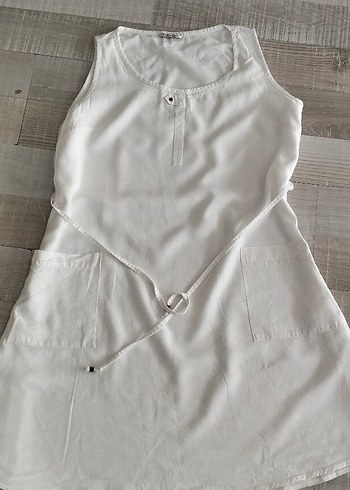 Kolsuz Beyaz dokuma Midi Elbise - Görsel 2