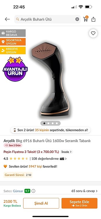 ARÇELİK BUHARLI ÜTÜ