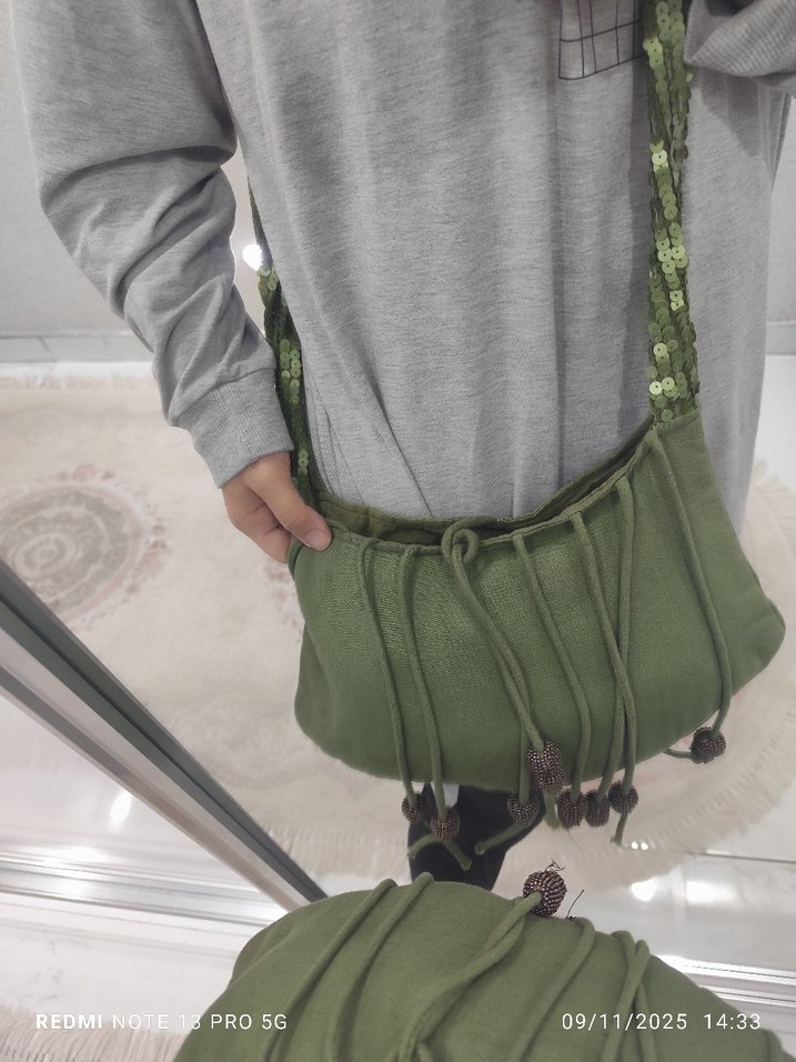 Boncuk İşlemeli Haki Bohem Kadın Çanta - Görsel 3