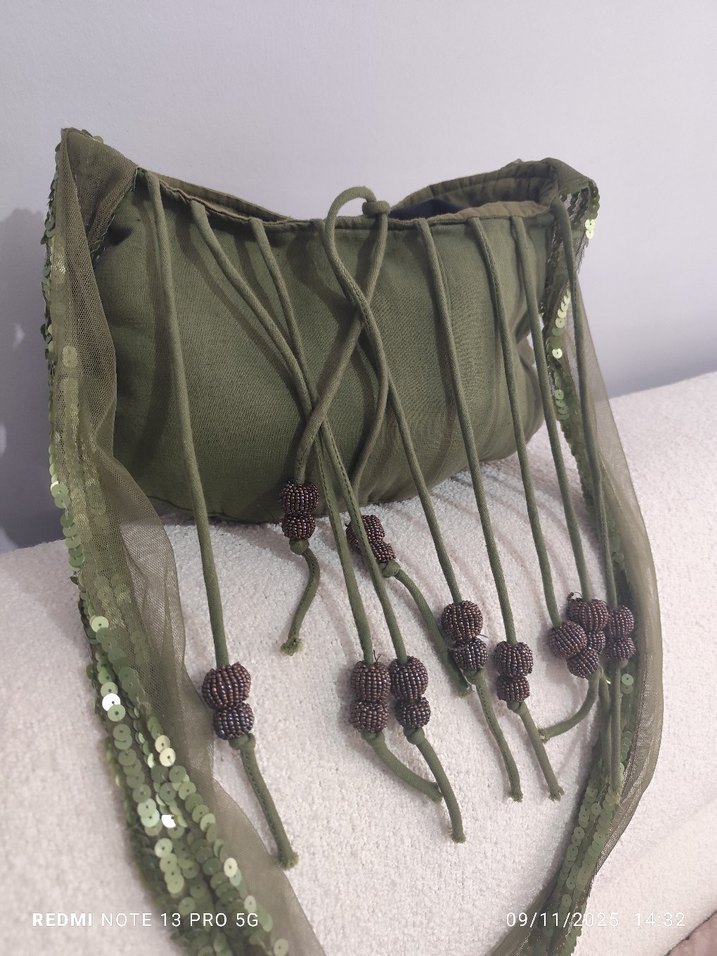 Boncuk İşlemeli Haki Bohem Kadın Çanta - Görsel 2