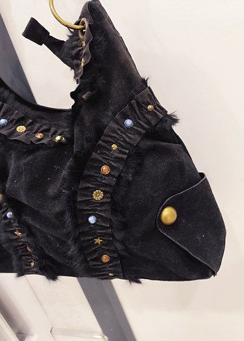 Beden siyah Renk Siyah Nakışlı Süet Kürklü Gotik Çanta