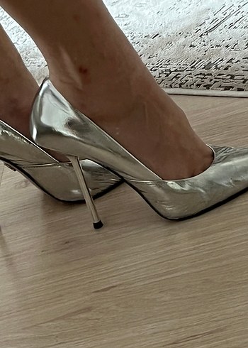 Kadın Gri İnce Topuklu Metalik Stiletto - Görsel 4