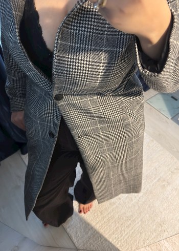 36 beden siyah beyaz kareli uzun kaban yün karışımlı - Görsel 5