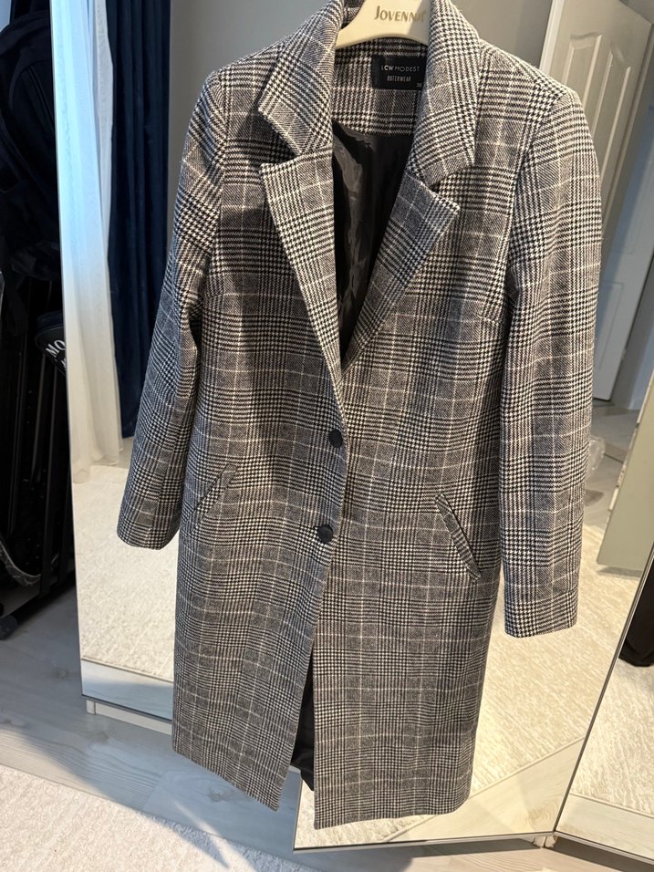 36 beden siyah beyaz kareli uzun kaban yün karışımlı - Görsel 2