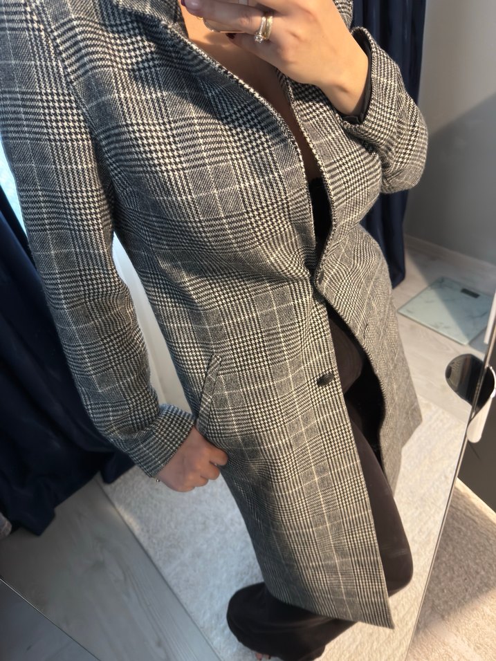 36 beden siyah beyaz kareli uzun kaban yün karışımlı - Görsel 4