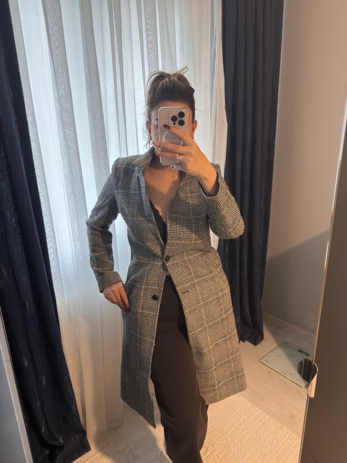 36 beden siyah beyaz kareli uzun kaban yün karışımlı - Görsel 3