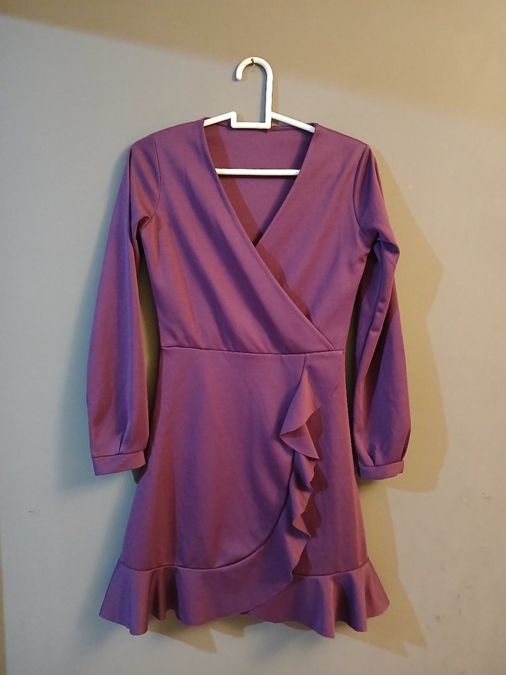 S beden Mor renk fırfır detaylı elbise - Görsel 2