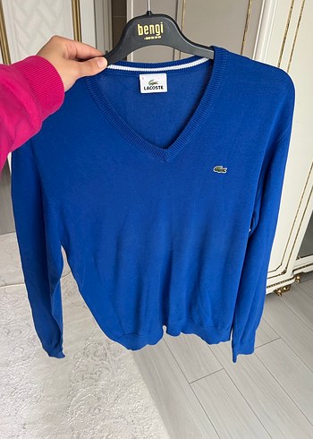 Lacoste Mavi V Yaka Pamuklu Erkek Kazak