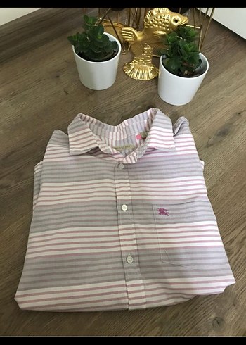 Burbery Orjinal Bej Çizgili Erkek Gömlek, Uzun Kollu - Görsel 4