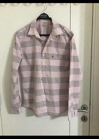 Burbery Orjinal Bej Çizgili Erkek Gömlek, Uzun Kollu - Görsel 2