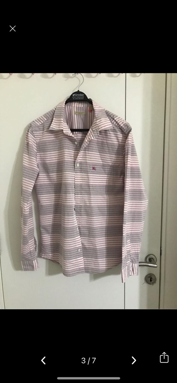 Burbery Orjinal Bej Çizgili Erkek Gömlek, Uzun Kollu - Görsel 2