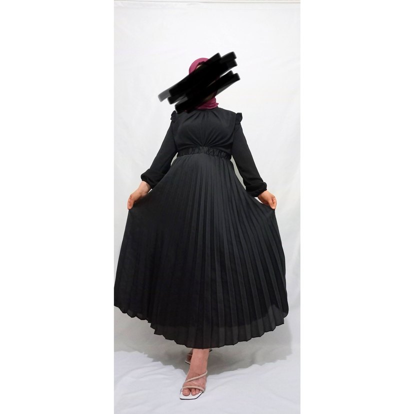 Siyah Piliseli Uzun Kadın Elbise - Görsel 3